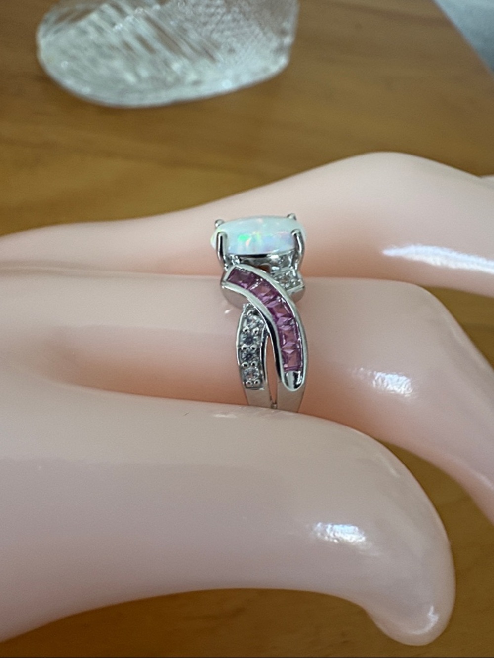 Genuine Lab Created Opal & Pink White Sapphire Ring Sterling Silver Size 7 - Picture 2 of 11